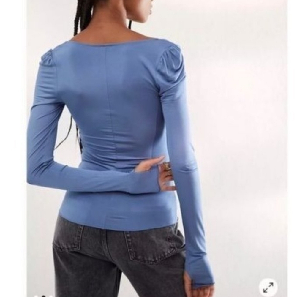 Free People Wind Down Layering Fitted Square Neck Top Women's S Blue Boho Retro - Picture 7 of 13